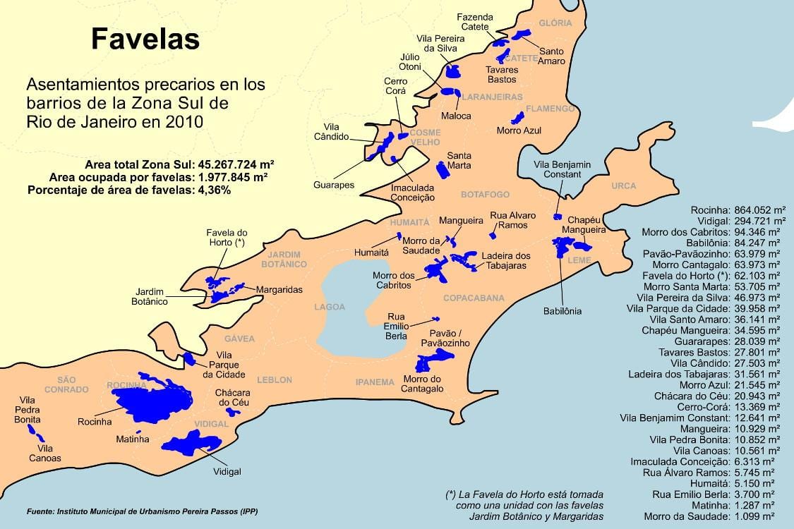 નકશો favelas દક્ષિણ ઝોન રિયો ડી જાનેરો
